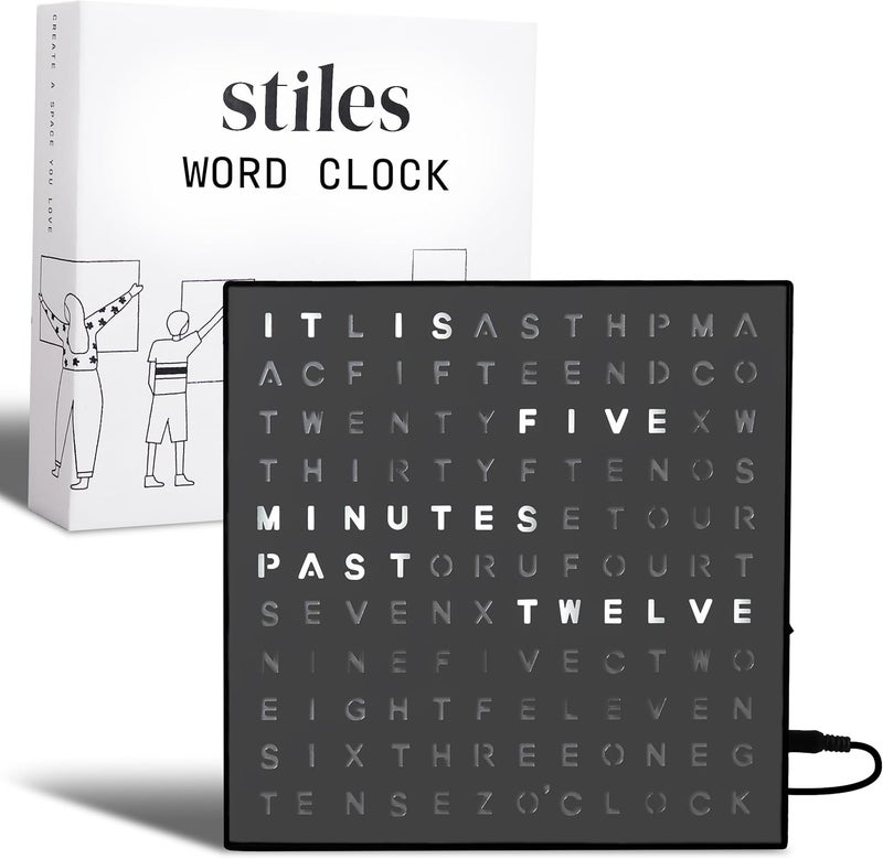 Stiles Word Clock, 8" by 8" Modern LED Desk Clock with USB Cable, Aluminum, Unique with Words, Contemporary, Living Room, Bedroom, Home, or Office Lightup Decor, Gift Item, Gray - Image 1